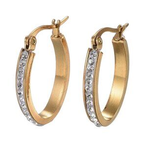 1 Inch 26mm Crystal Oval Hoop Pierced Post Earrings Gold Tone